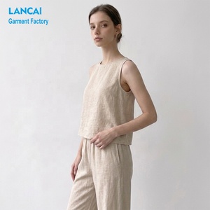 Set in lino estivo da <span class=keywords><strong>donna</strong></span> a due pezzi Lancai personalizzato con Top senza maniche e pantaloni Casual a vita alta completo elegante - Product Image 2
