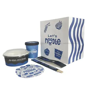 Logo mie dekorasi gelombang biru Demin kustom dicetak kantung kemasan kertas Kraft Takeaway persegi putih untuk restoran Bistro