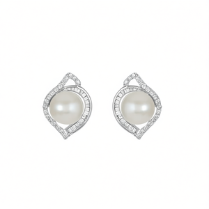Boucles d'oreilles élégantes en argent 925 plaqué or blanc avec perle de culture Akoya AAA, design géométrique, pour femmes, bijoux de mariage - Product Image 1