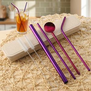 Purple Metal <b>Drinking</b> <b>Straws</b> Set of 4 Reusable Bar Accessories Modern Style - Product Image 4