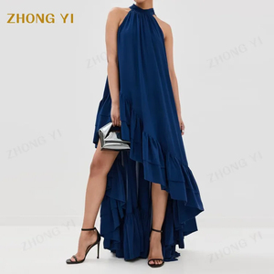Vêtements personnalisé bleu à volants <span class=keywords><strong>haut</strong></span>-bas irrégularité étage longueur ras du cou sans manches femmes élégante mode fête Maxi robe - Product Image 3