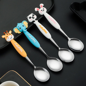 Food Grade Animal Shaped Spoon and Fork Set Silicone Handle Flatware Cartoon Kids Stainless Steel <strong>Cutlery</strong> Set for <strong>Children</strong> - Product Image 3