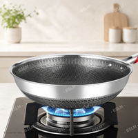 Wajan Penggorengan Anti Lengket Stainless Steel Rumah Tangga, Tahan Gores, Berlapis Sarang Lebah, Dilengkapi Tutup Kaca untuk Dapur