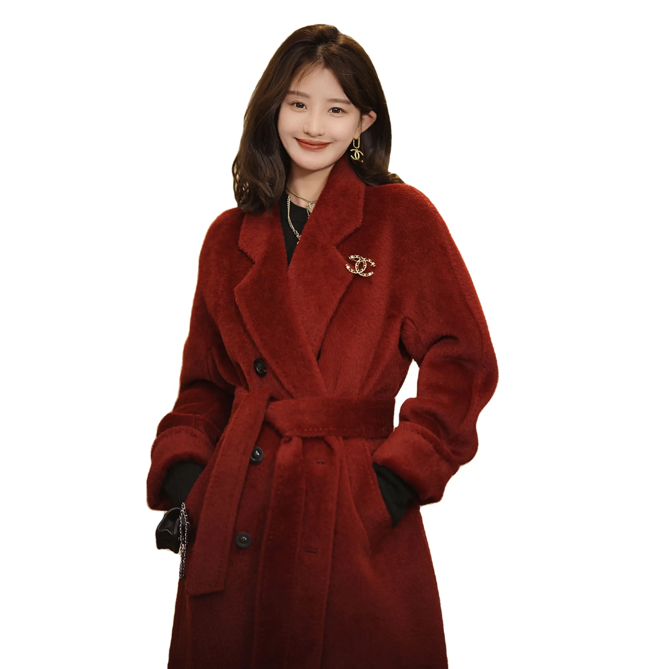 Eleganza cappotto lungo in lana rossa frenum stile giapponese e coreano cappotto allentato casual con colletto caldo