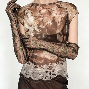 Women’s Y2K Vintage Mesh Printed T-Shirt Sexy Sheer Lace <b>Patchwork</b> Boat Neck Slim Fit Cap Sleeve <b>Top</b> without arm sleeves - Product Image 3