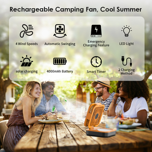 Ventilador de Exterior con Energía Solar, Lámpara de Camping Portátil, Funciona con Batería, Carga USB, Ventilador Silencioso - Product Image 4