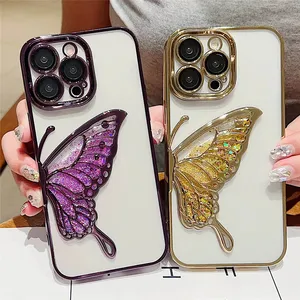 豪华电镀平板3d蝴蝶图案手机外壳适用于iphone 15 14 pro，适用于iphone 15 pro max外壳可爱