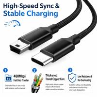Câble Type-C vers Mini USB en nylon tressé, charge rapide, synchronisation des données, cordon en forme de T pour HDD, caméra, PS3, lecteur MP3, 0,5m-3m