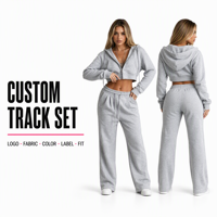 Ensemble de survêtements 2 pièces personnalisés pour femme, en coton bouclette 400 g/m², avec pantalon de survêtement et sweat à capuche court zippé – Fabrication OEM/ODM
