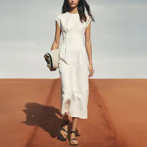 Groothandel Zomer Casual Katoen En Linnen Jurken Meisjes Elegante Mouwloze Taille O Nek Witte Vrouwen Maxi Vrouwen Lange Linnen Jurk