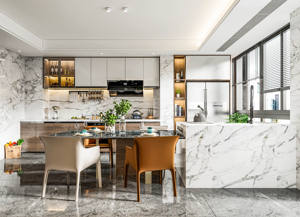 Armoires supérieures de cuisine en forme de L Santopova, design 3D, laque, mélamine et MDF, matériaux pour appartements - Product Image 2