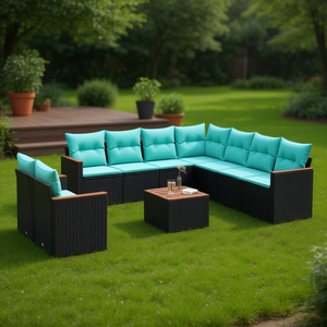 Conjunto de Sofá de Jardín de Ratán Sintético Negro con Cojines, 10 Piezas, Muebles de Exterior de Estilo Contemporáneo - Product Image 3
