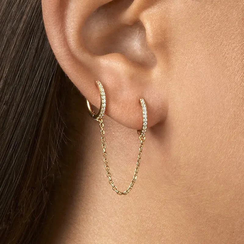 ต่างหูทองเงินสำหรับผู้หญิง,ต่างหูแบบคล้องหูคริสตัลห่วงโซ่เจาะสองชั้นแฟชั่นทรงกลม