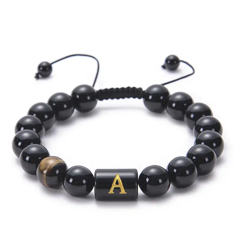 Braided Rope Chakra Gems Stones 26 Letters 10mm Beads Bangle A-Z Initial Letter Natural Stone Black Onyx Faced Agate Bracelet