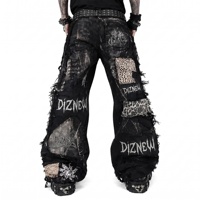 DIZNEW Jean patchwork noir évasé à franges denses, patch léopard, imprimé craquelé, logo gothique, broderie épines, avant-gardiste, personnalisé