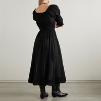 Fabricant de vêtements, robe midi élégante décontractée pour femmes, col carré noir, manches courtes, coton naturel tissé, printemps été, sur mesure