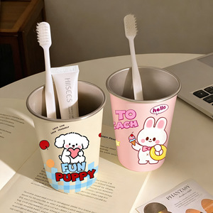 Gobelet à bain de bouche en acier inoxydable, design de dessin animé, large ouverture pour enfants et couples, porte-brosse à dents - Product Image 5