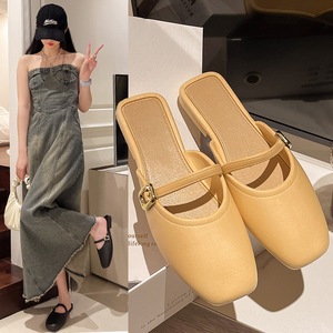 <span class=keywords><strong>Mules</strong></span> plates à bout carré fermé pour femmes, avec boucle dorée et une seule bride, sandales décontractées pour le quotidien - Product Image 2