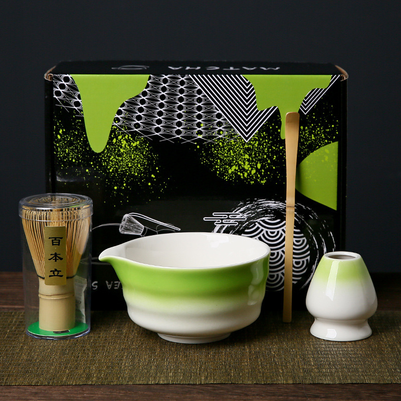 Bol à matcha vert et blanc, ensemble de 4 pièces (xian) + boîte de couleur