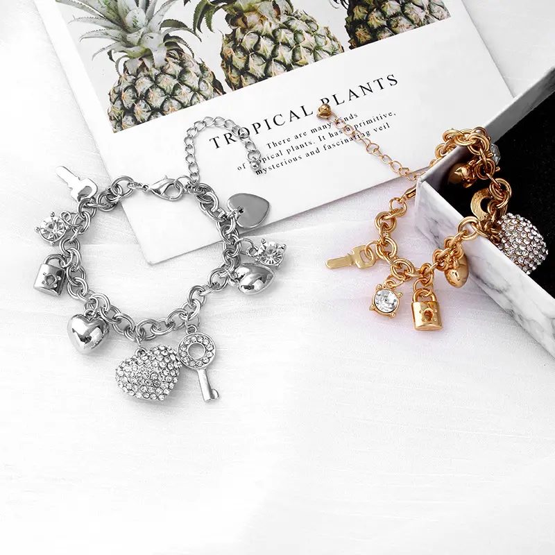 European And American Luxury Fashion Bracelet Key Lock Crystal Heart Charm Bracelets For Women