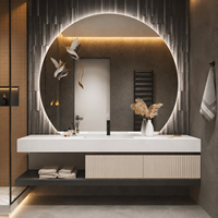 Meuble-lavabo mural de luxe moderne cannelé avec vasque et miroir LED rond pour projets hôteliers et d'appartements