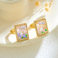 Bague en cuivre micro-incrustée d'émail, style chinois tendance, ouverture personnalisable, motif floral peint à l'huile, réglable