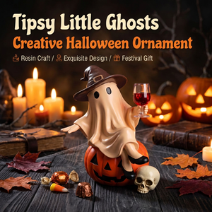 Figurine de fantôme d'Halloween en résine avec chapeau de sorcière, assise sur une citrouille, tenant un verre à vin, décoration de table pour fête à domicile - Product Image 5