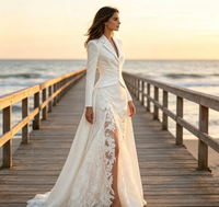 Robe de soirée blazer à manches longues pour femme, robe longue en dentelle blanche grande taille, robe de soirée élégante fendue pour mariage et fête