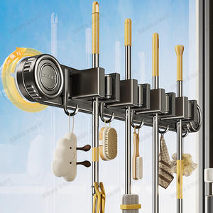 Soporte para fregona montado en la pared, color azul, acabado cromado, organizador de almacenamiento sin perforaciones para puerta de baño - Product Image 3