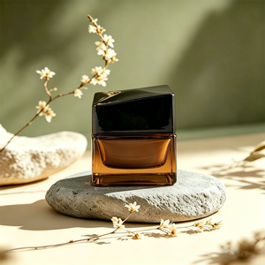 Pot à crème en <span class=keywords><strong>verre</strong></span> ambré facetté de luxe avec couvercle noir élégant, emballage haut de gamme pour crème anti-âge pour le visage - Product Image 1