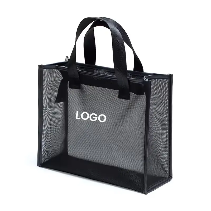 Nuovo stile stampato manici riutilizzabili in maglia di Nylon personalizzato Tote Bag in rete Shopping Bag in rete borsa da spiaggia con Logo personalizzato per la promozione