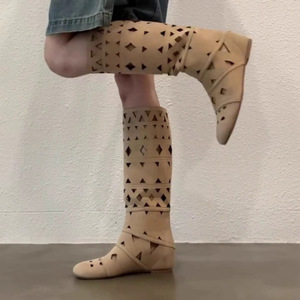 Suede Knee High <b>Boots</b> Geometric Cutout Breathable Flat Heel Summer Casual Western Style Footwear For Women - Product Image 4