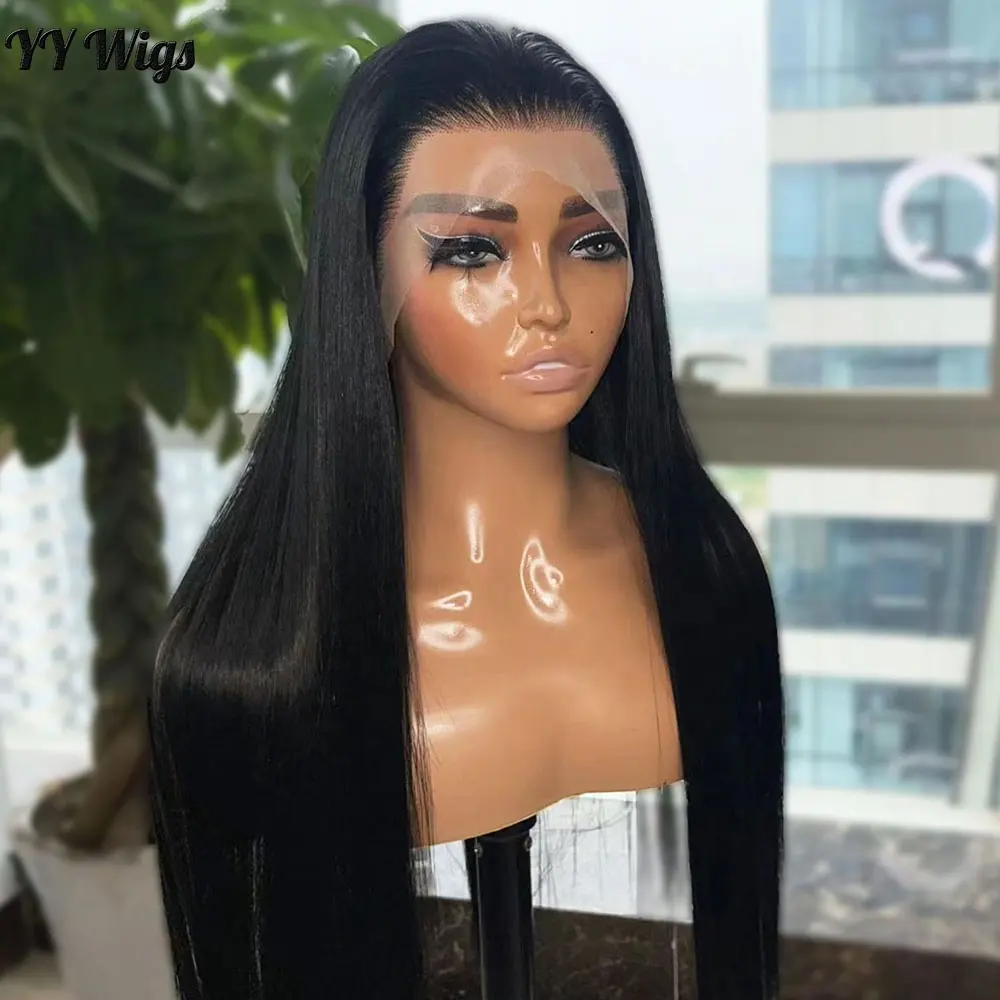 Long Silky Straight Black Wigs With Natural Hairline 13x4inch Heat Resistant Synthetic Lace Front Wigs For Black Women