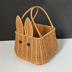 Keranjang penyimpanan berbentuk kelinci, wadah pembawa hadiah bunga buah plastik gagang bergerak panjang bahan rotan - Product Image 4