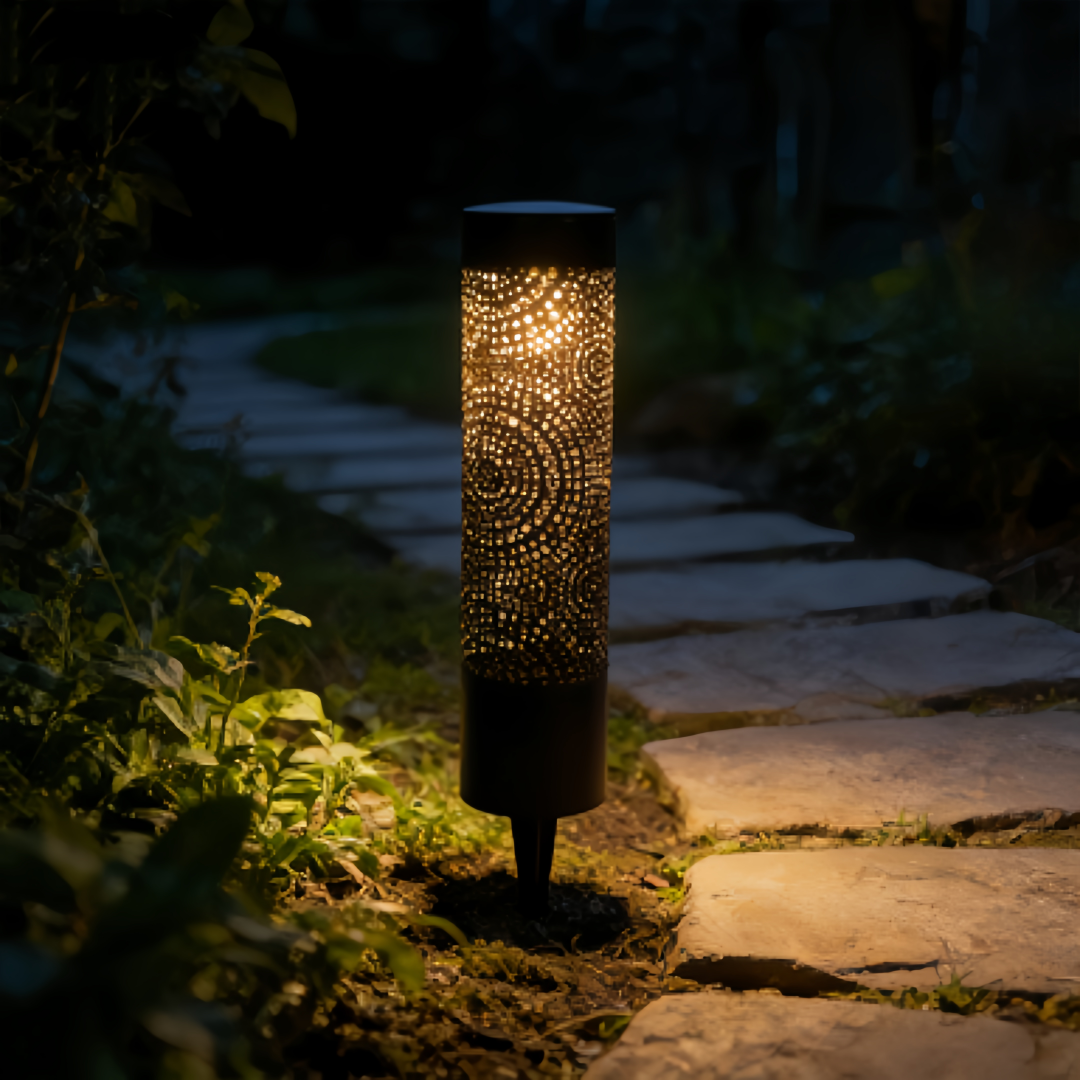 Spiral Pattern Solar Garden Light with Metal Hollow Out Design Cylindrical Stake Lamp for Outdoor Pathway Landscape Decoration