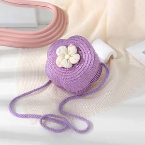 Tas selempang Mini anak-anak perempuan, tas bahu jerami tahan lama bunga dompet koin Mini - Product Image 4