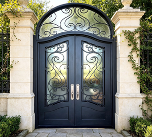 Porte d'entrée battante traditionnelle Qifan en fer noir avec panneaux de verre ornés et design à arche - Product Image 4