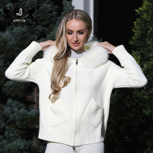 Janefur Comfortable Exquisite Fur Collar Hooded <strong>Ladies</strong> Premium <strong>White</strong> Knitted Zipper <strong>Cardigan</strong> Women's Newest Knit Coat - Product Image 3