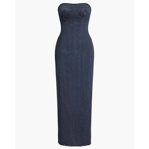 <span class=keywords><strong>Robe</strong></span> <span class=keywords><strong>en</strong></span> <span class=keywords><strong>jean</strong></span> mi-longue sexy pour femme, design épaules dénudées, sans col, de haute qualité, sur mesure - Product Image 1