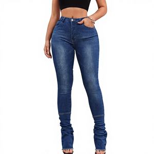 Jeans en denim stretch chic pour femmes, taille haute, froncés, empilés, jeans évasés pour femmes - Product Image 1