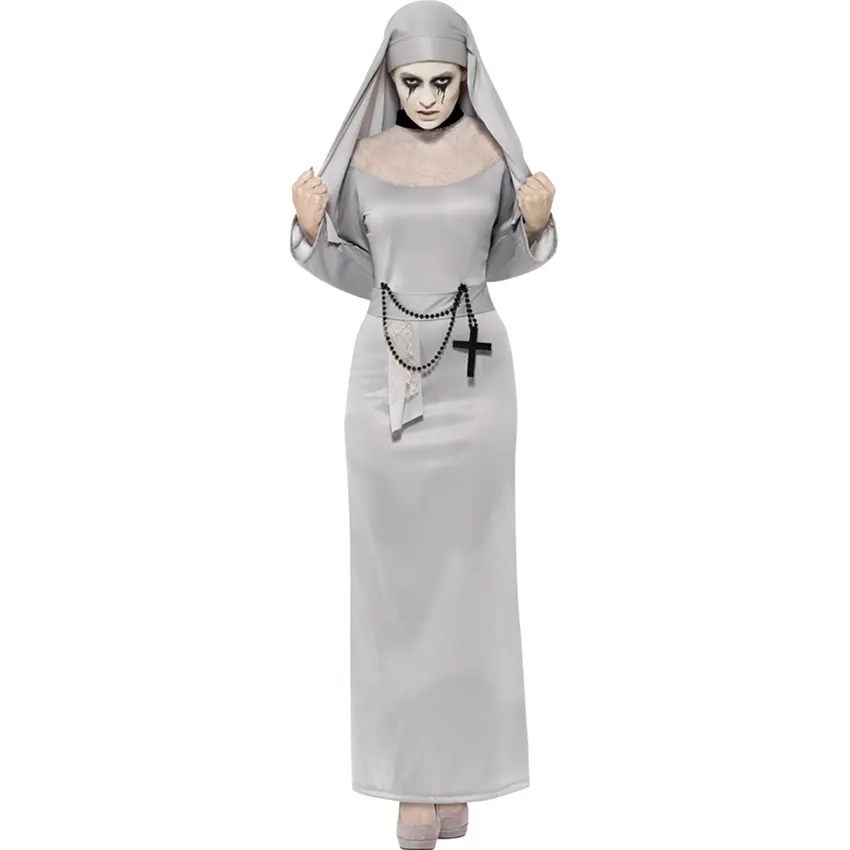 Europeu freira demônio prata cosplay roupas terno senhoras cosplay terno halloween traje