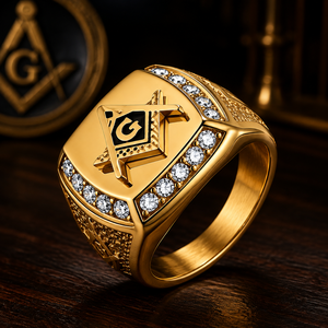 Bague maçonnique JLM de luxe en acier inoxydable plaqué or avec pierres CZ, bague signet vintage pour homme, symbole Illuminati - Product Image 1