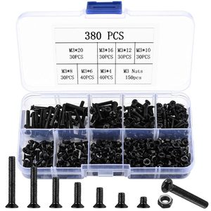 Kit de tornillos de máquina de cabeza plana M3 y tuercas hexagonales, 380 piezas, cabeza Phillips avellanada negra, acero al carbono métrico de grado A - Product Image 1