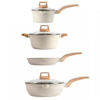 Panci goreng granit aluminium anti lengket, panci susu 7 buah set peralatan masak aluminium dengan pegangan kayu