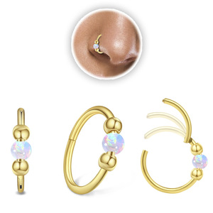 Anneau de septum articulé en acier inoxydable avec perle d'opale synthétique |   Anneau de piercing nasal hypoallergénique disponible en tailles 8 mm et 10 mm - Product Image 2