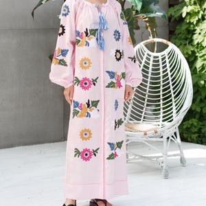 Robe élégante en coton et lin personnalisable, col rond, style décontracté, manches longues, robe midi d'été pour femmes - Product Image 1