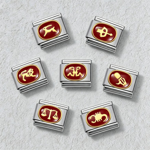 Abalorios Modulares de Acero Inoxidable de 9mm con Signos del Zodíaco Italianos, Esmalte Rojo, Horóscopo, Oro, para Pulseras, Joyería al por Mayor - Product Image 1
