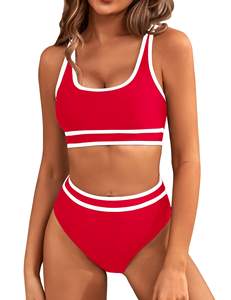 Alta calidad azul Colorblock cuello cuadrado cintura alta Bikini Tank Bra conjunto de 2 piezas con logotipo frontal ropa de playa traje de baño al por mayor - Product Image 6