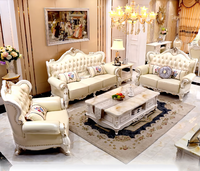 Sofá Seccional de Cuero Europeo de Alta Gama, Madera Maciza Tallada, Estilo Lujoso, Blanco, Completamente Ensamblado, Duradero, para Sala de Estar de Hotel