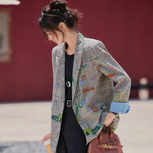 Women's Blazer Gray Plaid Graffiti Pattern Breathable Spring Autumn Casual Suit Jacket - Product Image 2